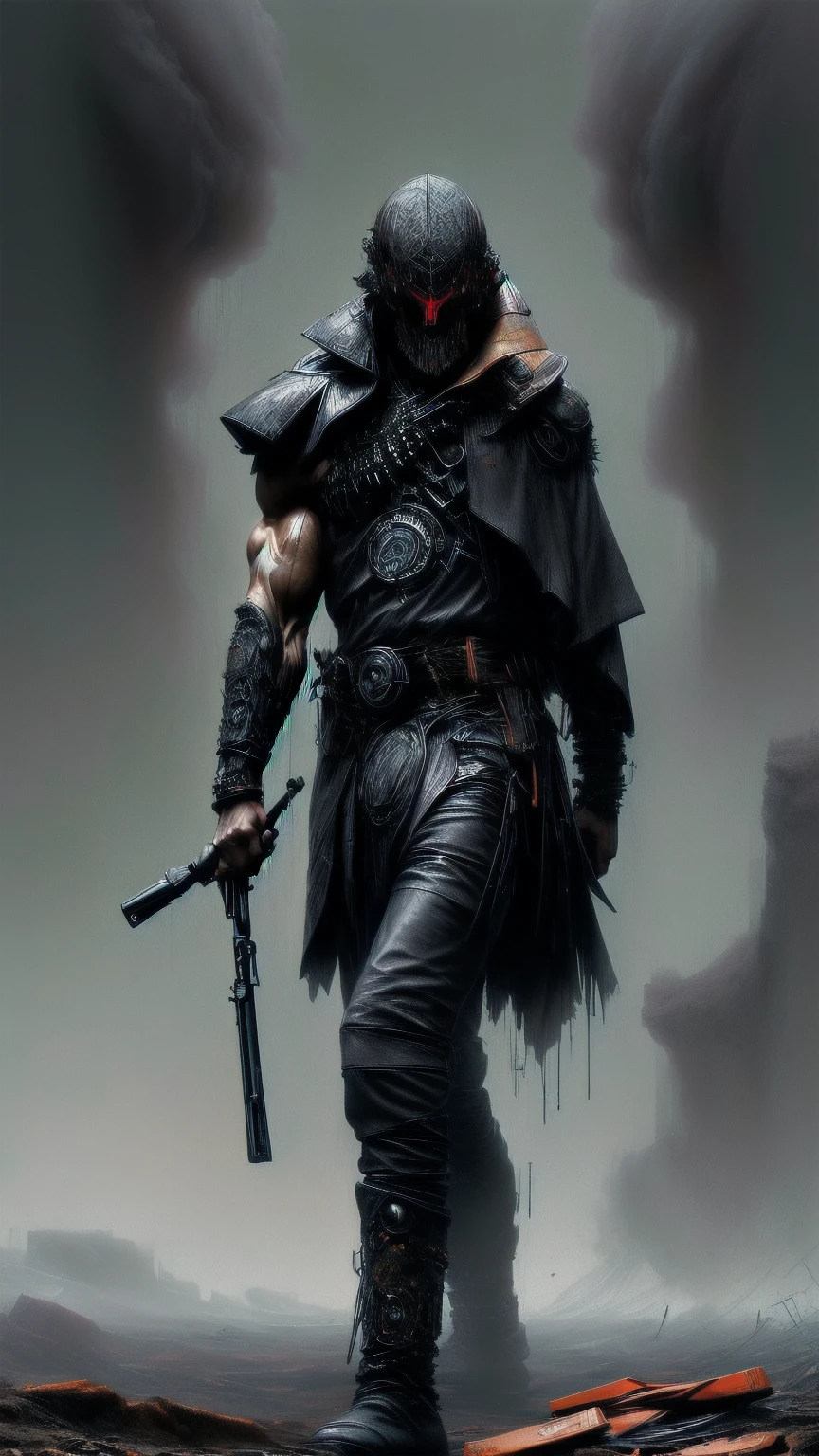 "Generate an image of a post-apocalyptic zombie warrior. El zombi debe ser representado como una criatura amenazante y desgastada por la batalla, with rotting meat, huesos expuestos y los restos andrajosos de una vestimenta militar. He wields a makeshift weapon and is surrounded by the ruins of a devastated city. The atmosphere is gloomy, with skies filled with smoke and the remnants of a civilization that once flourished in the background. Captura la esencia espeluznante y desolada de un mundo invadido por los no muertos."