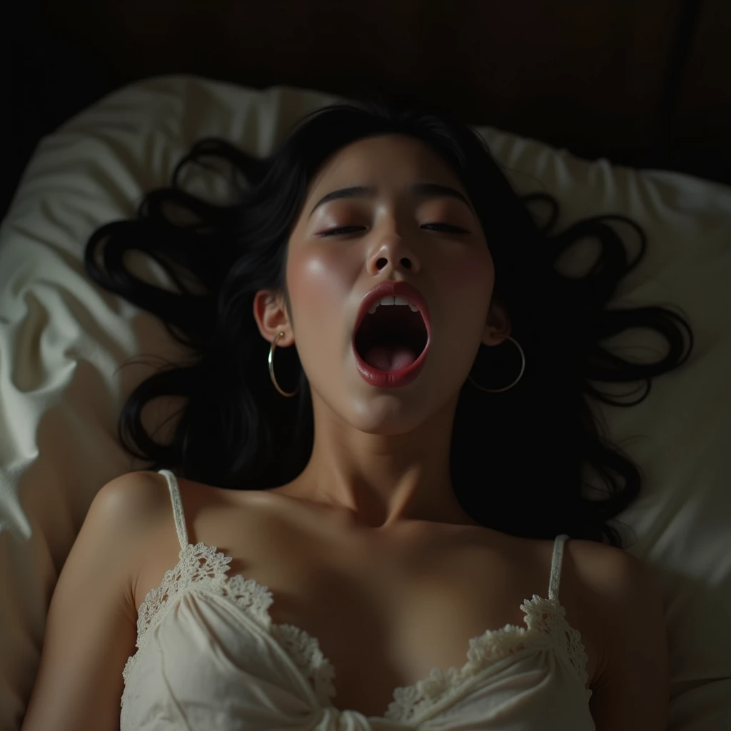 a beautiful japanese woman, open mouth, dripping white milk, , highly detailed, realistic, photorealistic, masterpiece, 8k, HDR, professional studio lighting, cinematic, epic, Dramatic face, Godley, Lying on your back on the bed, ((from Dirty Above))