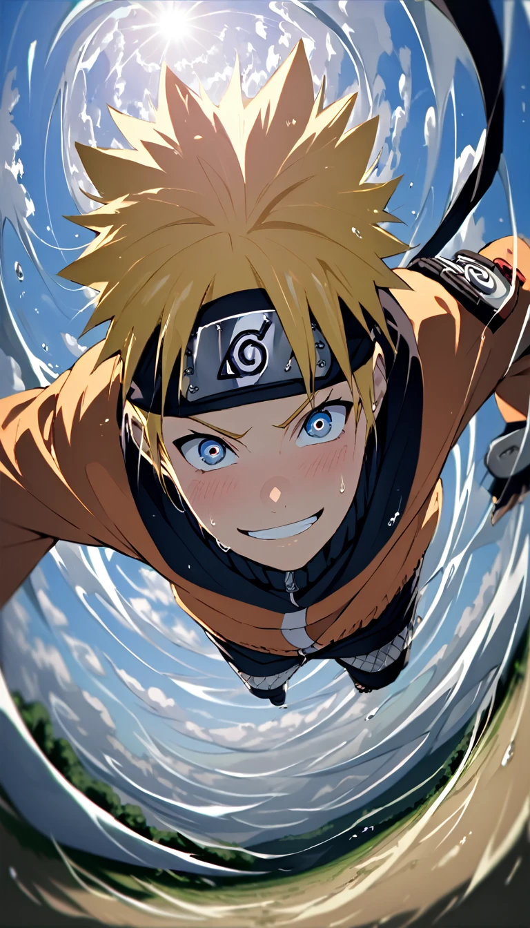  (Naruto falling down from sky rapidly:1.5),A striking, fisheye lens shot captures Naruto falling from a dramatic, low-angle perspective. golden hair, his face wet and textured,occupy 90% of frame, stretches out towards the viewer, with its striped skin curving dramatically around the edges of the frame due to the extreme wide-angle distortion. The shot looks up from the ground,  as its body warps and bends with the fisheye effect. Naruto appears  still powerful, a slight smile on his face as he gazes down toward the camera. the intense curvature of the scene creates a sense of surreal scale and dominance, enhancing the overwhelming presence of both the cake and Naruto,(fisyeye lense),(by 8mm F16 lense),((from below hyper perspective view)),