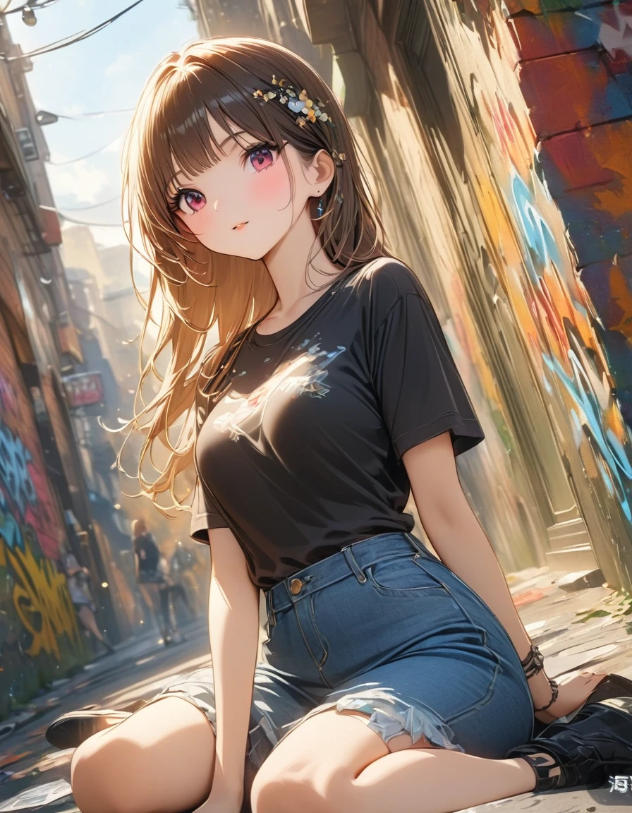 fashion girl,black sport shirt, wariza, street graffiti, (extremely delicate and beautiful: 1.2), movie angle,(beautiful details eyes: 1.1), (Detail lights: 1.1)Ultra HD, masterpiece, high detail, high quality, The best, High resolution