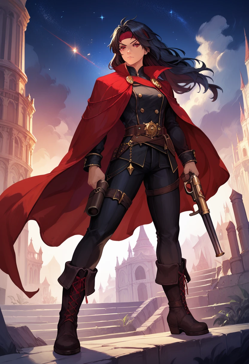 masterpiece, dark fantasy anime concept style, a gunslinger adventurer with long messy black hair, red headband, wearing a worn red cape, black outfit, (wielding a large revolver), black pants, holster on his waist, boots with gold metal plates, serious expression, starry night sky, expressive, red eyes, full body, harmonious colors, dynamic composition, cinematic lighting, highly detailed, 8k, concept art style