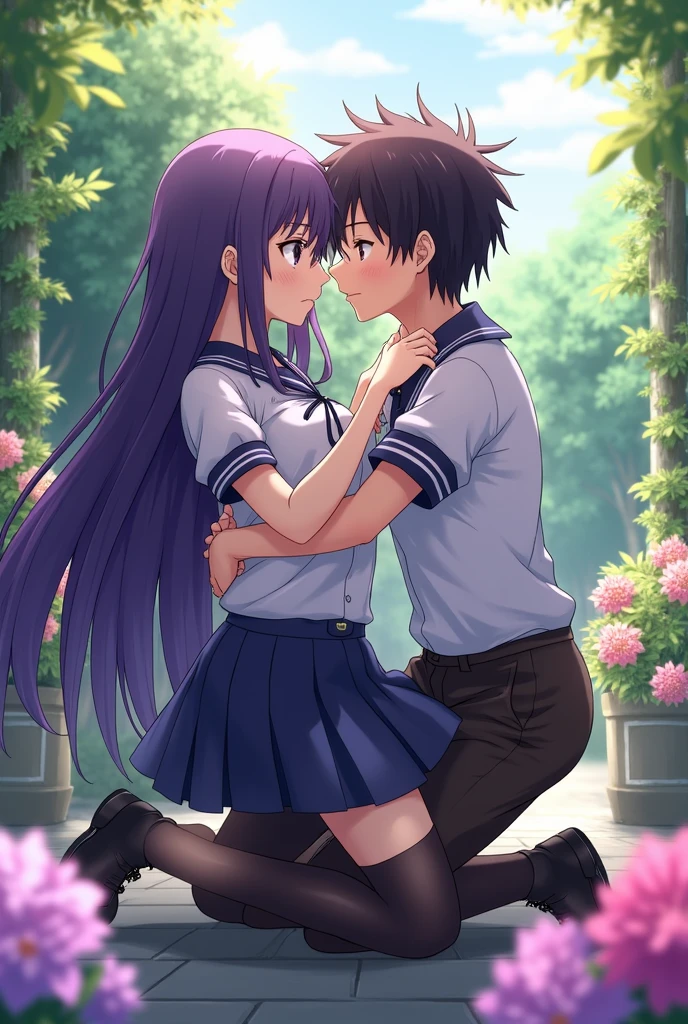 anime, 8k quality, super defined, male, 2, wearing black polo and pants, rubber shoes, black hair, kneeling, proposing to a female, 2, long black hair, wearing blue dress, boots with hills