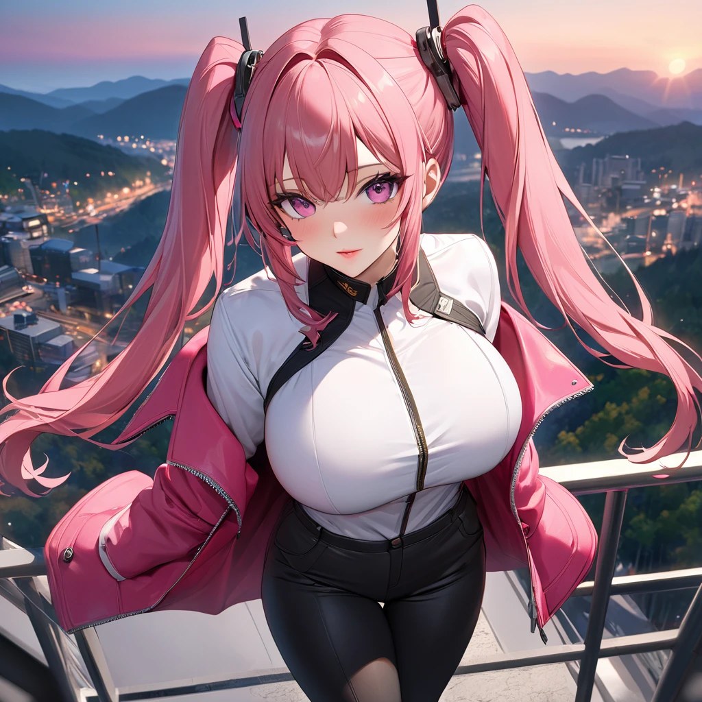 A woman wearing a pink leather coat, long coat, open coat, white shirt, black pants, black boots with hot pink details, hot pink hair, blue fringes, pink eyes, pigtails, big breasts, standing posture, perfect eyes , perfect lips, perfect face, on the top of a building, with a view of a forest in the background, at the end of the sunset.(Azur_lane, USS_Bremerton.))masterpiece, accurate, anatomically correct, textured skin, super detail, high quality, best quality, 8k, high resolution, bokeh effect.(solo woman), close view.
