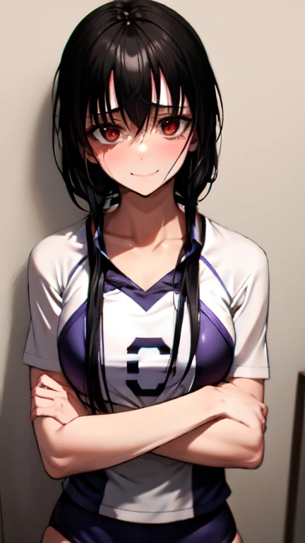 A tall athletic high school girl with short black hair, wearing a volleyball uniform, her face very close to the viewer, wide obsessive eyes filled with possession and jealousy, her twisted smile is unsettling, sweat glistening on her forehead, dark shadows cast across her face, her hand gripping the arm of a short boy next to her, but her focus is on the viewer, gymnasium background is dark and empty, tense and eerie atmosphere,
