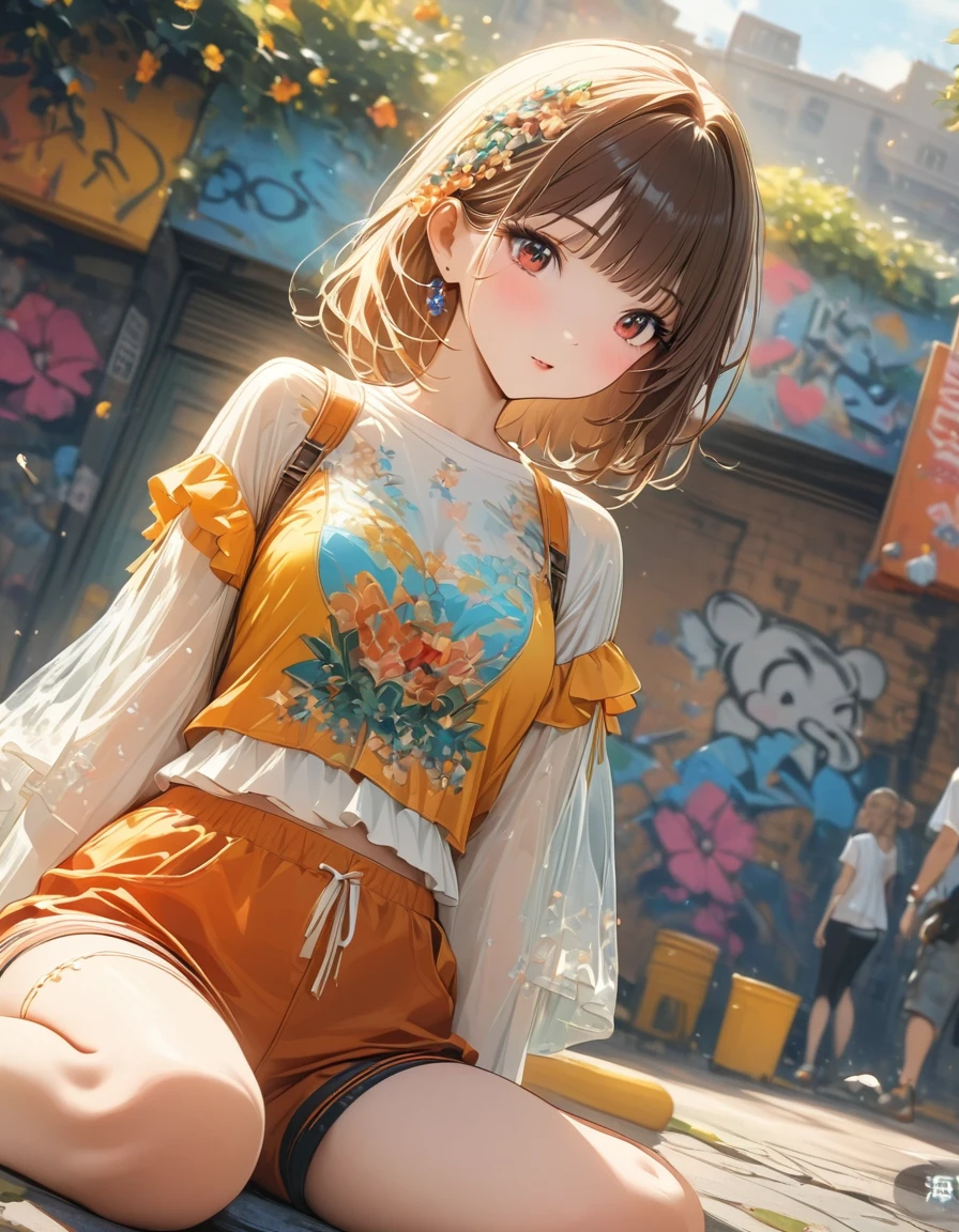 fashion girl,sports shorts, wariza, street graffiti, (extremely delicate and beautiful: 1.2), movie angle,(beautiful details eyes: 1.1), (Detail lights: 1.1)Ultra HD, masterpiece, high detail, high quality, The best, High resolution