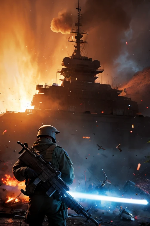 (8k,best quality masterpiece:1.2),(realistic photo-realistic:1.37),A horrorfic war happening between high civilization and human,using spaceship,high technology, machine gun and bomb,damaged city in the background,detailed reslution
