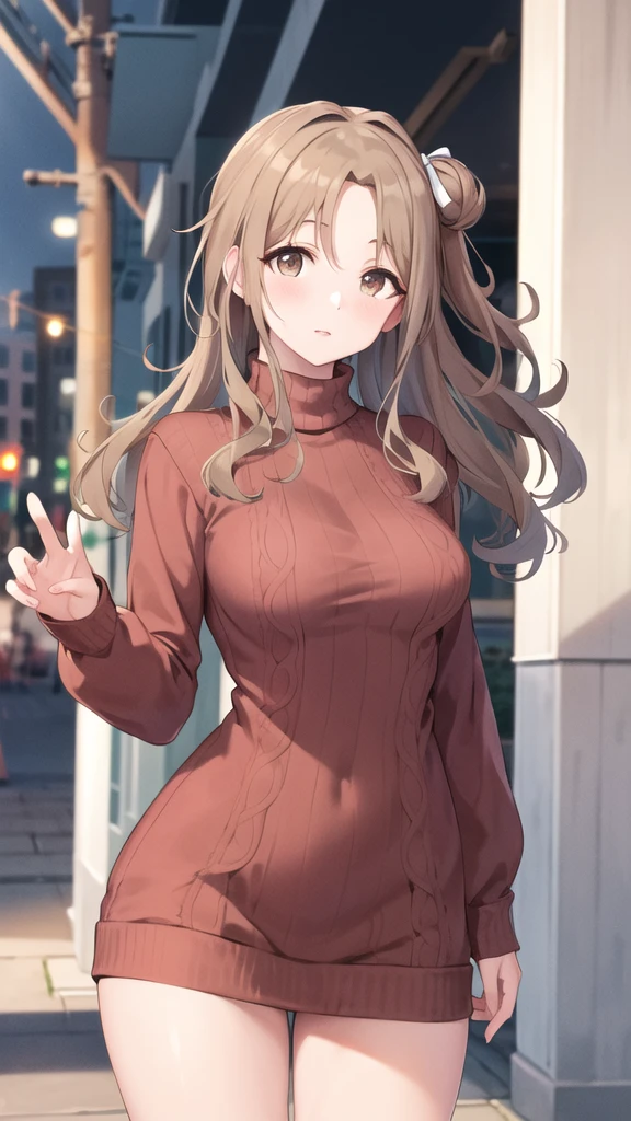 masterpiece, best quality, highres, hmhinana, long hair, single side bun, hair ribbon, cowboy shot, walking, street, turtleneck, virgin killer sweater, ribbed sweater, long sleeves,