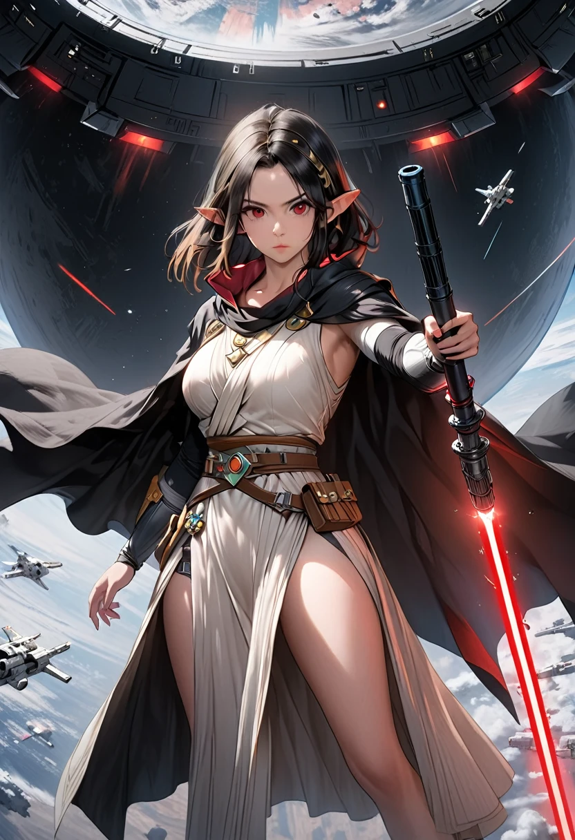 A full-body shot of Princess Zelda, black hair, red eyes, dressed as Rey Skywalker, 30 years old, mature, XL bust, gripping a one red light saber in only one hand, wearing a black cloak with red details, fighting, in a battle stance, Background: Inside the death star space station, Unreal Engine 5, Anime, Anime style, Masterpiece, Well drawn eyes, well drawn face, well detailed eyes, well detailed face, 8k, light and shadow effect.