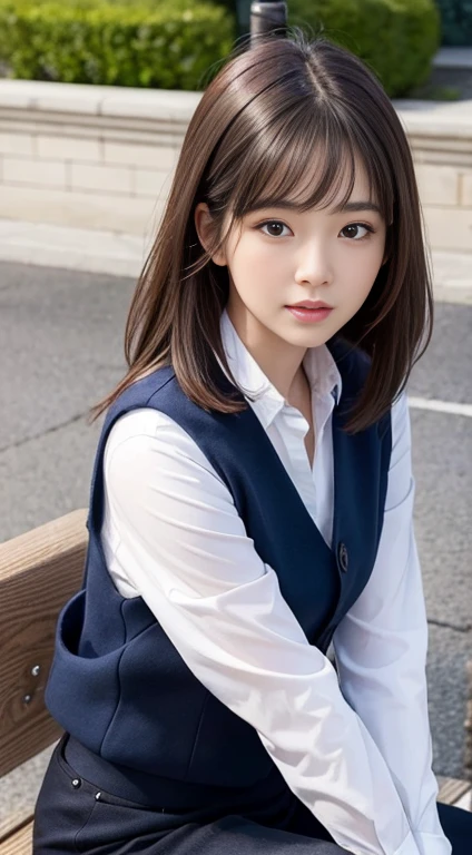 Best-quality, Masterpiece, Ultra-High-Resolution, (Photorealistic:1.4), Raw-Photo, depth of field, professional-lighting, ((from below, cowboy-shot)), 1girl, 15-years-old, the most famous Japanese idol, at school stairway, solo, wearing white panties under navy-blue pleated skirt on lower-body and white-blouse under navy-blue sweater-vest on upper-body, blush, looking back, (extremely cute face, ((extremely cute and extremely big eyes)), extremely cute hairstyle, realistic-skins), childish-body, extremely beautiful thighs, detailed navy-blue-pleated-skirt, detailed navy-blue-sweater-vest