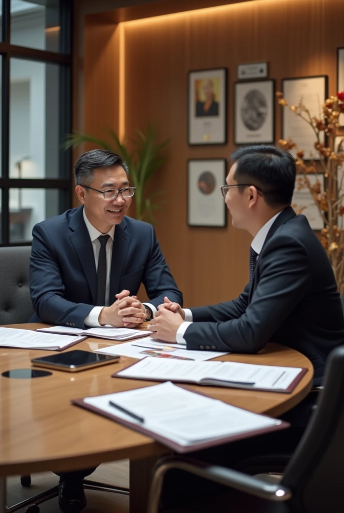 Real photography style, two Chinese working men, dressed in dark blue suits, the eyes of the man on the left look at the tablet, the hands are more precise, the smile and confidence are talking, the surrounding environment is inside the company, the picture is bright and the texture is super fine