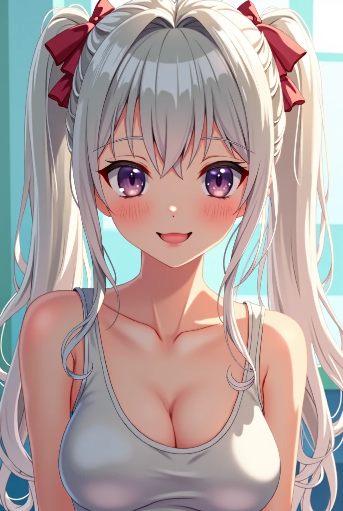Sleeveless, pony tails, japanaese girl, in 8K, Legal photos, PremiumQuality, tmasterpiece, actual, realistic super detailed, one-girl, cute big breasts, The brightest smile, Beautiful eyes, long whitr hair, perfect facial features,