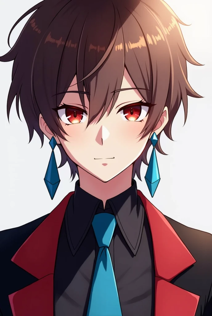 male people anime character, red eyes, brunette color hair, long blue hourglass tip earrings, blue, Red and black clothes, male people