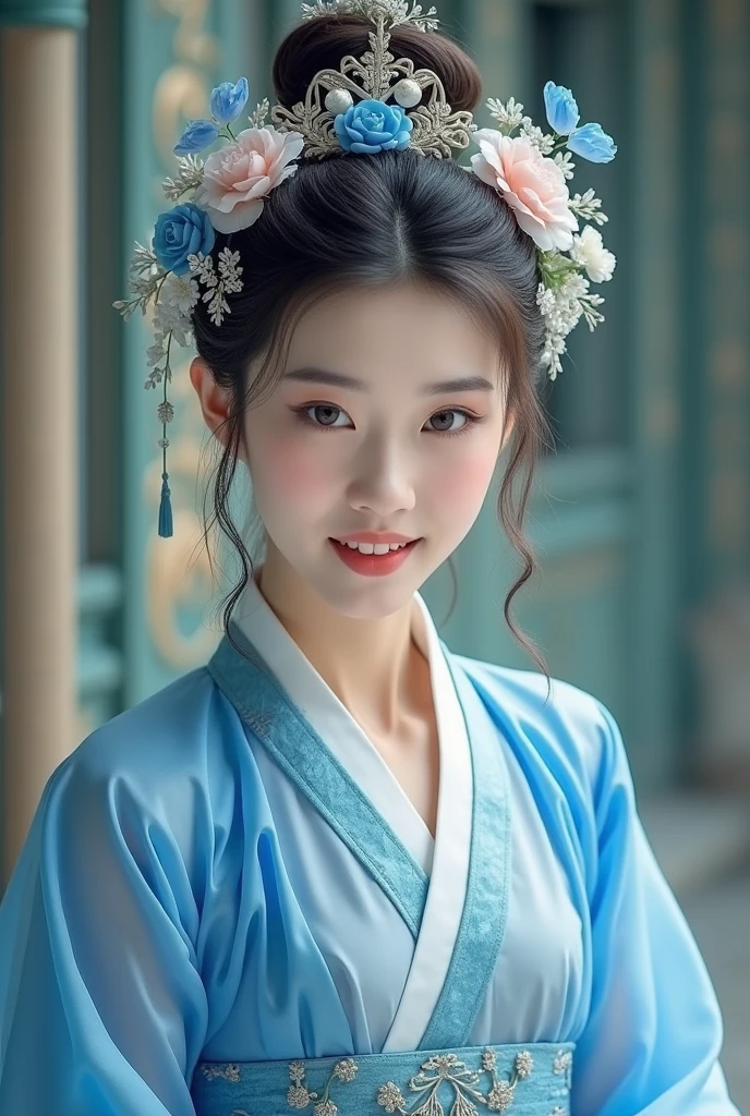 A woman in a blue and white dress、Woman with flowers on her head, Hanfu, palaces, Girls wearing Hanfu, blue Hanfu, white hanfu, Dressed in ancient Chinese costumes, ((beautiful fantasy queen)), ancient China Princess, Chinese, TRADITIONAL CHINESE COSTUMES, ancient Chinese costume, beautiful fantasy queen, China Princess, Traditional beauty,