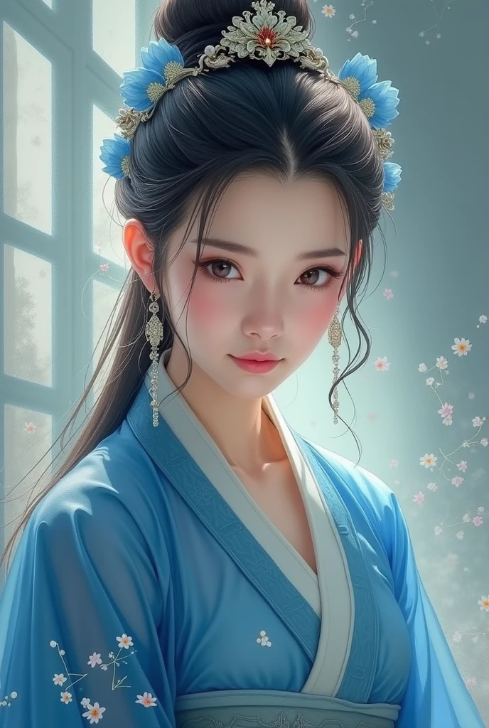 一位身穿蓝白相间连衣裙、头戴鲜花的女子, hanfu, 宫殿, 穿汉服的女孩, blue hanfu, 白色汉服, 身着中国古装, ((美丽的幻想女王)), ancient 中国公主, 中式, 中国传统服饰, 中国古代服饰, 美丽的幻想女王, 中国公主, 传统美,