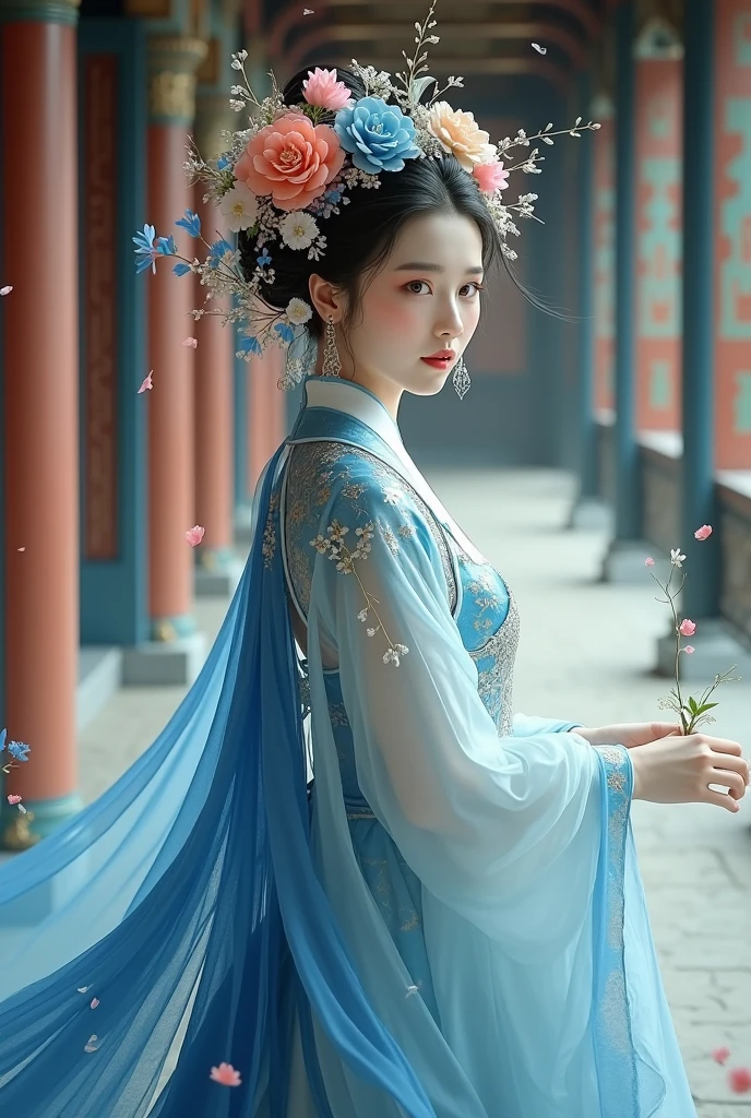一位身穿蓝白相间连衣裙、头戴鲜花的女子, hanfu, 宫殿, 穿汉服的女孩, blue hanfu, 白色汉服, 身着中国古装, ((美丽的幻想女王)), ancient 中国公主, 中式, 中国传统服饰, 中国古代服饰, 美丽的幻想女王, 中国公主, 传统美,