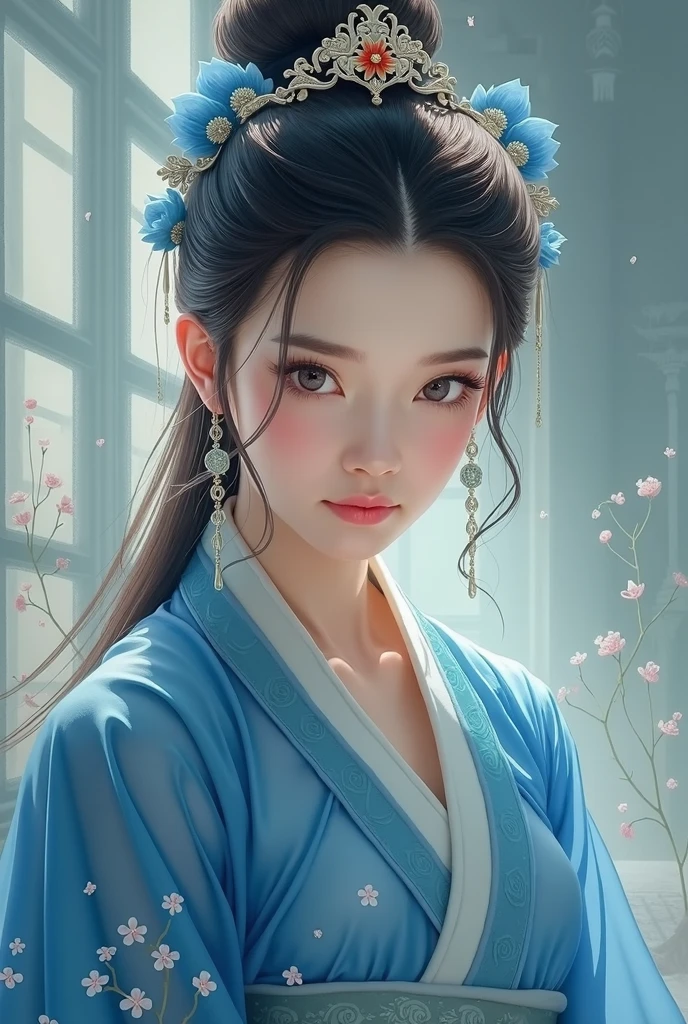 A woman in a blue and white dress、Woman with flowers on her head, Hanfu, palaces, Girls wearing Hanfu, blue Hanfu, white hanfu, Dressed in ancient Chinese costumes, ((beautiful fantasy queen)), ancient China Princess, Chinese, TRADITIONAL CHINESE COSTUMES, ancient Chinese costume, beautiful fantasy queen, China Princess, Traditional beauty,
