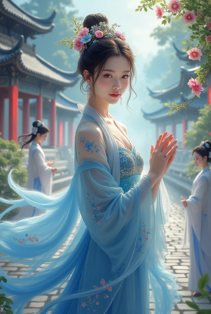 A woman in a blue and white dress、Woman with flowers on her head, Hanfu, palaces, Girls wearing Hanfu, blue Hanfu, white hanfu, Dressed in ancient Chinese costumes, ((beautiful fantasy queen)), ancient China Princess, Chinese, TRADITIONAL CHINESE COSTUMES, ancient Chinese costume, beautiful fantasy queen, China Princess, Traditional beauty,