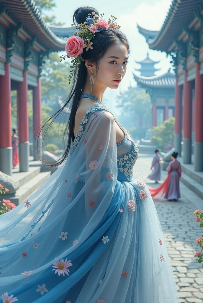 A woman in a blue and white dress、Woman with flowers on her head, Hanfu, palaces, Girls wearing Hanfu, blue Hanfu, white hanfu, Dressed in ancient Chinese costumes, ((beautiful fantasy queen)), ancient China Princess, Chinese, TRADITIONAL CHINESE COSTUMES, ancient Chinese costume, beautiful fantasy queen, China Princess, Traditional beauty,