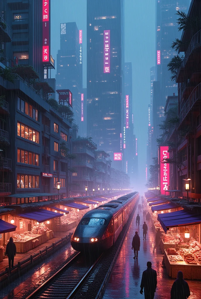 ((tmasterpiece)),((Need)),((high detal)),((actual,)) Future Era City, buliding街道, bazaars, Futuristic train line, Cyberpunk, buliding, the night, a European city, rained, neon（their flow）