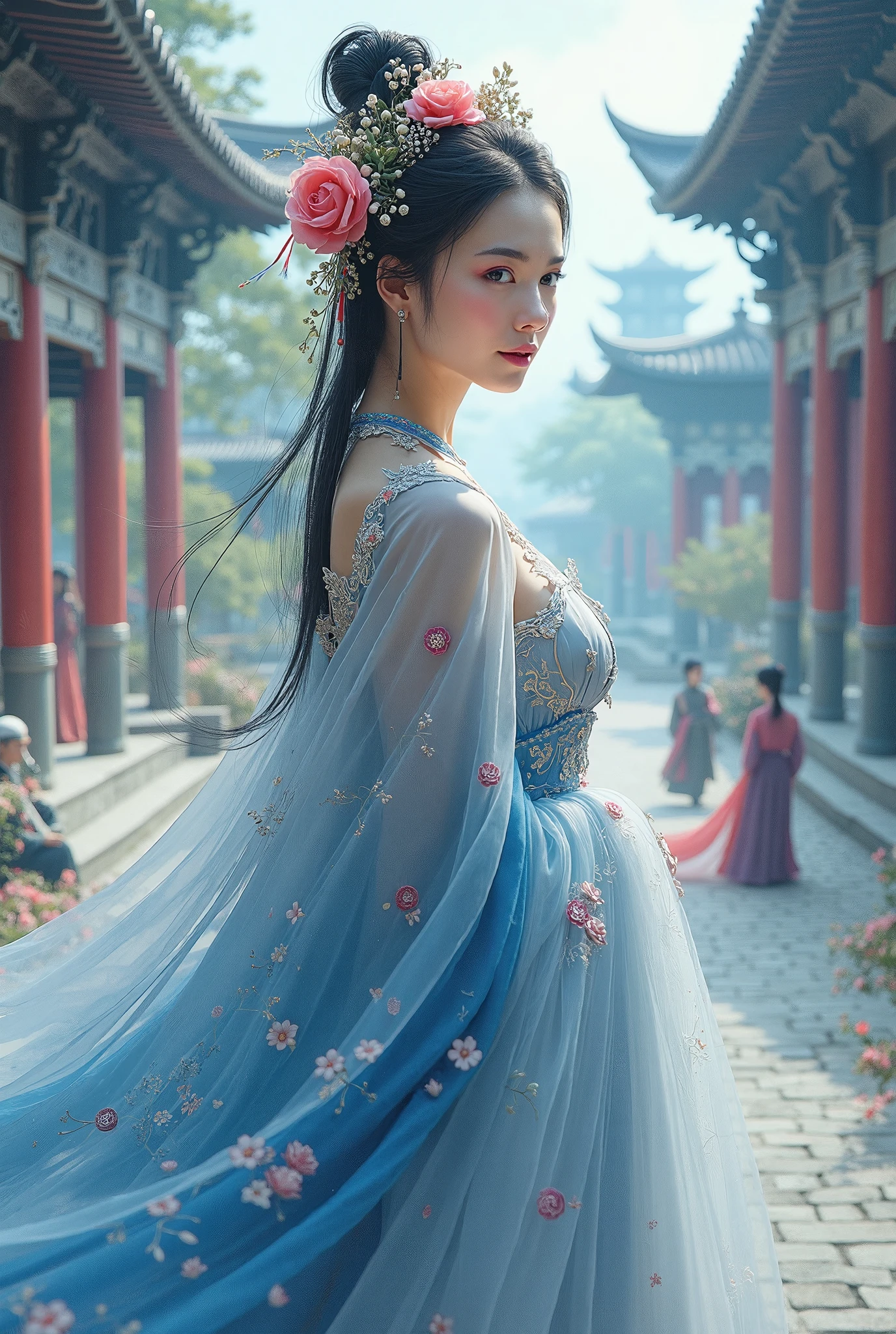 A woman in a blue and white dress、Woman with flowers on her head, Hanfu, palaces, Girls wearing Hanfu, blue Hanfu, white hanfu, Dressed in ancient Chinese costumes, ((beautiful fantasy queen)), ancient China Princess, Chinese, TRADITIONAL CHINESE COSTUMES, ancient Chinese costume, beautiful fantasy queen, China Princess, Traditional beauty,