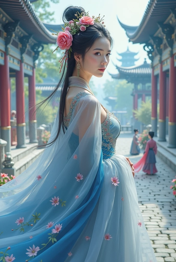 A woman in a blue and white dress、Woman with flowers on her head, Hanfu, palaces, Girls wearing Hanfu, blue Hanfu, white hanfu, Dressed in ancient Chinese costumes, ((beautiful fantasy queen)), ancient China Princess, Chinese, TRADITIONAL CHINESE COSTUMES, ancient Chinese costume, beautiful fantasy queen, China Princess, Traditional beauty,