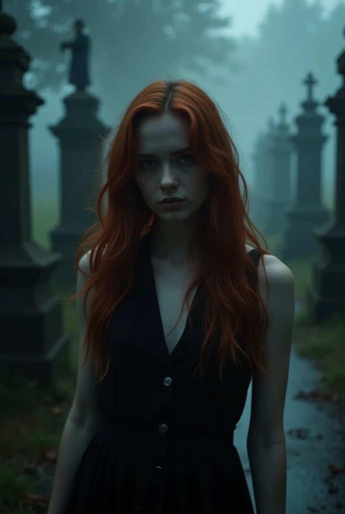 Cinematic footage from a Mario Bava horror film, Full medium close-up, An 18-year-old beauty who looks like Bella Thorne, Long red hair, Soft pale skin,  and youthful face, Distinct eyebrows, pale blue color eyes, Delicate nose, Plump and rounded lips, Strolling through a Gothic cemetery at night in a white wedding dress, Foggy and rainy weather, ghostly atmosphere, 17th century, (High skin detail: 1.2), extremely detaile, フォトリアリスティック, depth of fields, 电影灯光, IMAX cameras, Human Development Report, Digital tunneling microscope, Full-HD, in 8K（infinity）