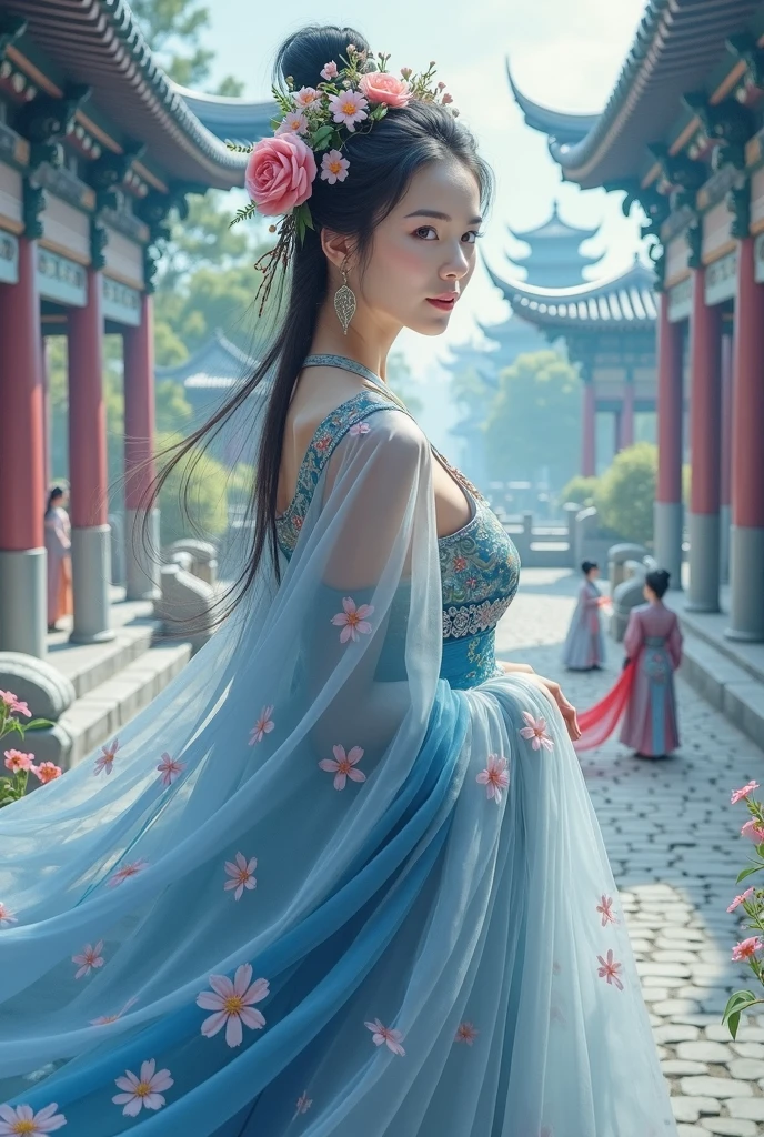 A woman in a blue and white dress、Woman with flowers on her head, Hanfu, palaces, Girls wearing Hanfu, blue Hanfu, white hanfu, Dressed in ancient Chinese costumes, ((beautiful fantasy queen)), ancient China Princess, Chinese, TRADITIONAL CHINESE COSTUMES, ancient Chinese costume, beautiful fantasy queen, China Princess, Traditional beauty,