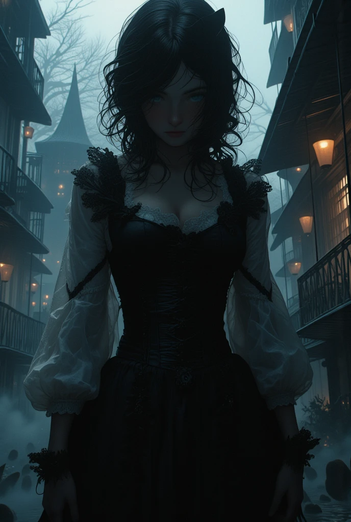 Victorian Vampire cherrynobodysd15 Award-winning RAW color photo+ Wearing a black dress with leather corset, Dark and foggy village, ominous dark omen at night, thin fog, rays of moonlight, Vivid and captivating eyes, pale-skinned, (brunette color hair)+, shallowdepthoffield, hight contrast, The light from the back window is backlighted, full bloom, color difference, smooth private parts, foco nítido, Shoot with a mirrorless camera