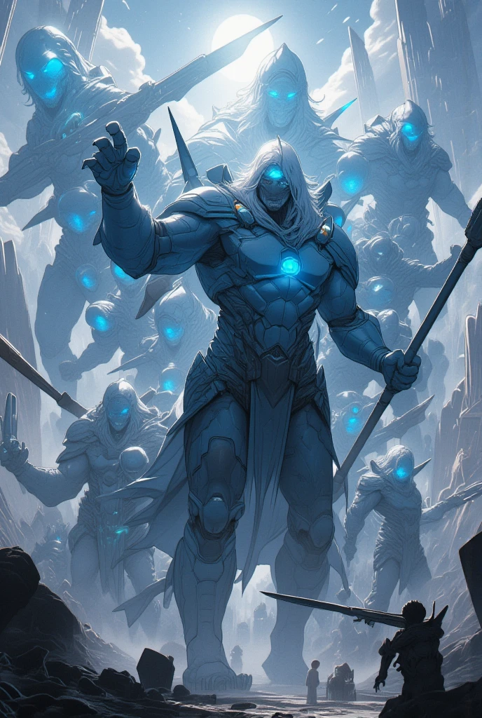 k hd, Skysky, clouds, Spear weapons, with light glowing, State-of-the-art robots, buliding, with light glowing eyes, State of the art machinery, scientific fiction, 城市, of a real, Blue host armor, Chest core,Like Poseidon,