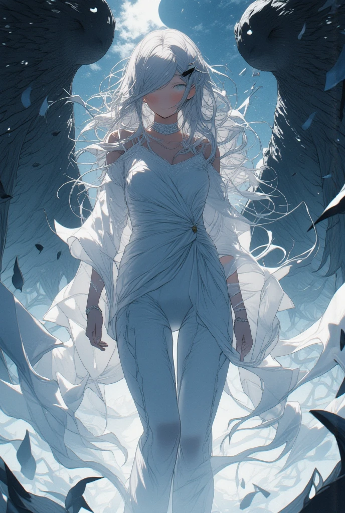 tmasterpiece, Beautiful goddess of the void, Wearing white transparent clothes, standing under the empty night sky, Disappearing transparent pants, standing full-body, Tall, Slender legs, detail in face, Detailed body part details, 8k 壁纸