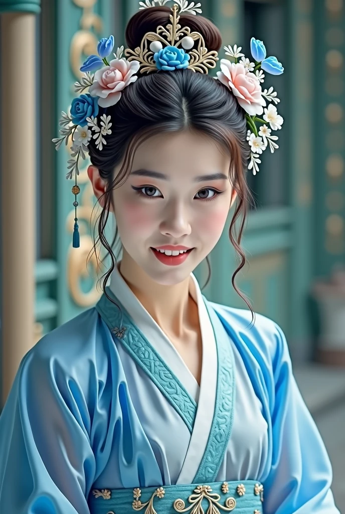 A woman in a blue and white dress、Woman with flowers on her head, Hanfu, palaces, Girls wearing Hanfu, blue Hanfu, white hanfu, Dressed in ancient Chinese costumes, ((beautiful fantasy queen)), ancient China Princess, Chinese, TRADITIONAL CHINESE COSTUMES, ancient Chinese costume, beautiful fantasy queen, China Princess, Traditional beauty,