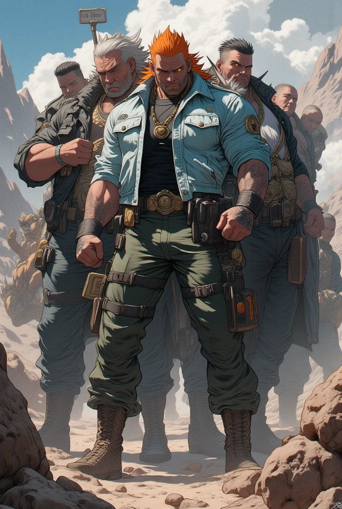 muscle men, definition body, Gold rings on all fingers, Light Blue Gangster Jacket, Black shirt under the jacket, Green long march pants, Brown military boots, evilsmile, Orange Spiked Hair, messy  hair, short detailed hair, Yellow eyes, Desert scenery and mountains, Landscape with monsters.