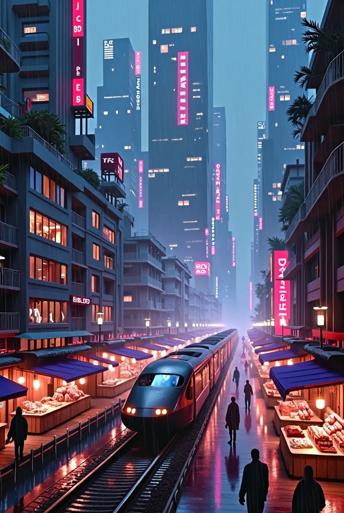 ((tmasterpiece)),((Need)),((high detal)),((current,)) Future Era City, Building Street, bazaars, Futuristic train line, cyberpunked, buliding, the night, a European city, rained, neon(their flow)