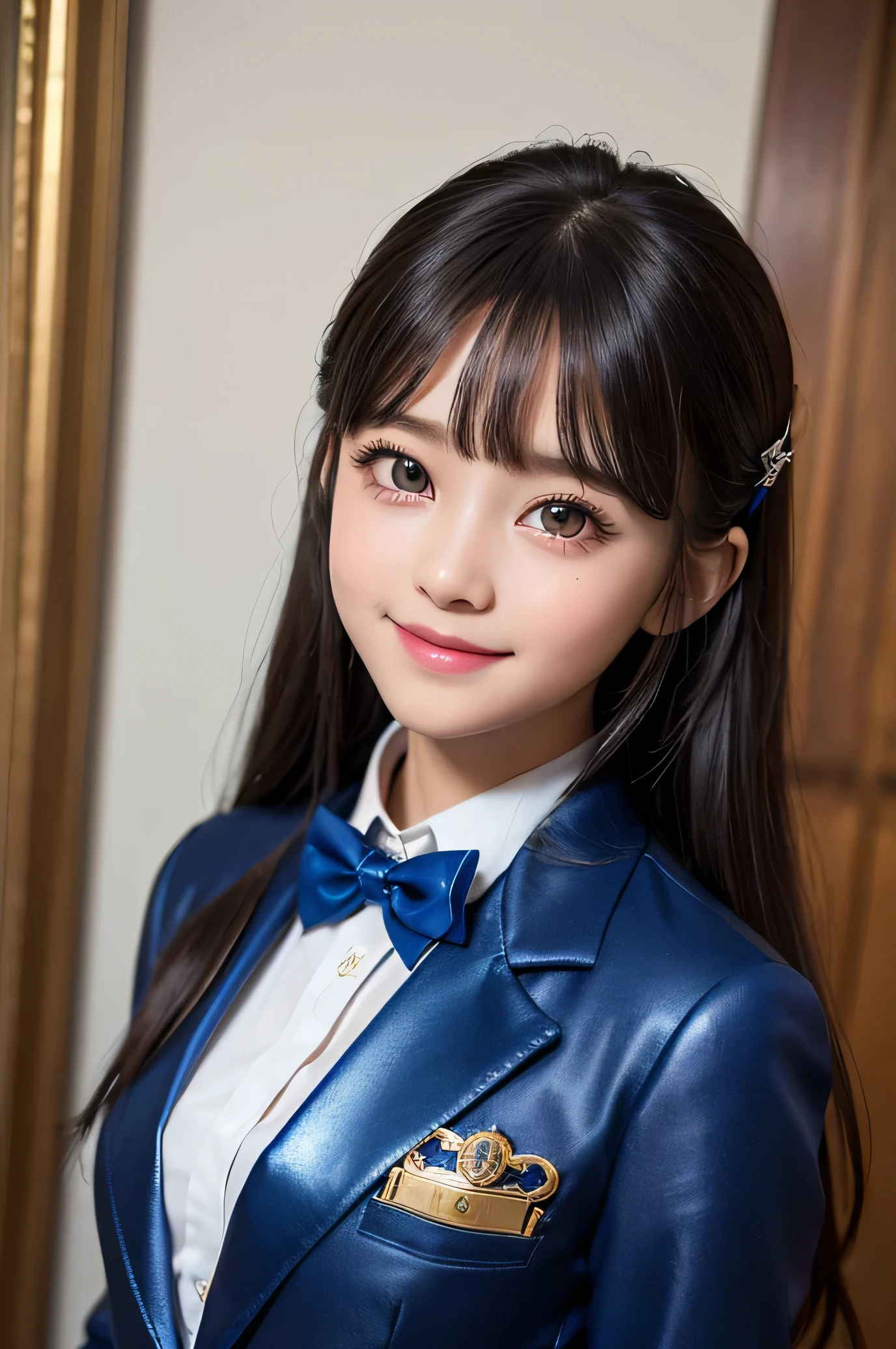 (Very beautiful  cute girl), (very  cute face:1.2),13 yo, (sparking crystal clear attractive large eyes), best looks, Beautiful detailed eyes, Detailed double eyelids, (smiling), (realistic photograph:1.2), long straight hair, (super shiny metallic dark blue blazer:1.1),metallic pearl white school blouse,(shiny metallic pink neck bow tie:1),(super shiny metallic dark blue pleat skirt :1)