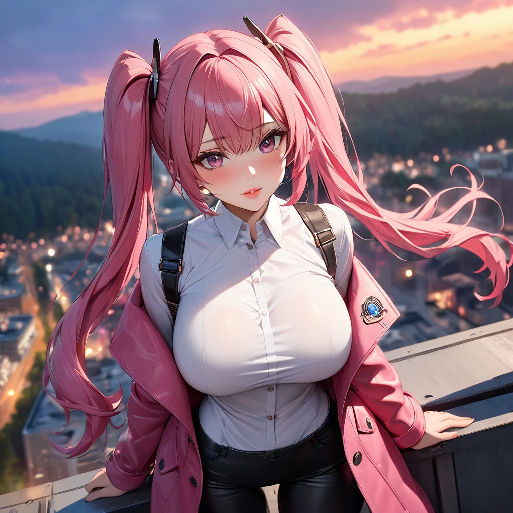 A woman wearing a pink leather coat, long coat, open coat, white shirt, black pants, black boots with hot pink details, hot pink hair, blue fringes,multicolor hair, pink eyes, pigtails, big breasts, standing posture, perfect eyes , perfect lips, perfect face, on the top of a building, with a view of a forest in the background, at the end of the sunset.(Azur_lane, USS_Bremerton.))masterpiece, accurate, anatomically correct, textured skin, super detail, high quality, best quality, 8k, high resolution, bokeh effect.(solo woman), close view.
