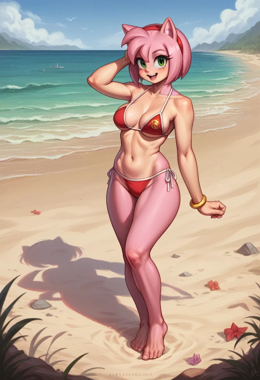 araffe redhair woman in pink lingersuit posing on beach near ocean, amouranth, better known as amouranth, young beautiful amouranth, gorgeous bikini model, smooth pink skin, at the beach, cute bikini, at a beach, in the beach, beautiful body and face, on a sunny beach, pale pink bikini, posing on the beach