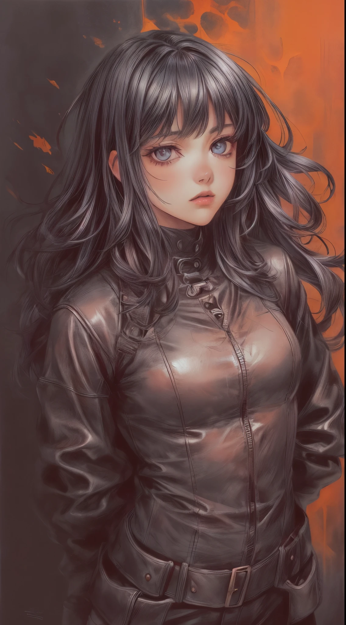 Centered image:1.4, dark and torn, ((ung and beautiful muscular body in leather clothes:1.6)), fierce expression, holding a gun, (colors in your clothes, warm, orange, yellow, violet: 1.3), standing on a desolate field , dramatic lighting, intense shadows, sandy texture, high contrast, vibrant colors, dynamic pose, powerful posture, rough background, explosive atmosphere, dystopian theme, surreal elements, digitally painted illustration, high definition resolution, intricate details, dramatic composition, avant-garde and chaotic brushstrokes, Gothic style, intense emotions, epic scale, raw and gritty feeling, Captivating and provocative works of art..badyiffymix41
