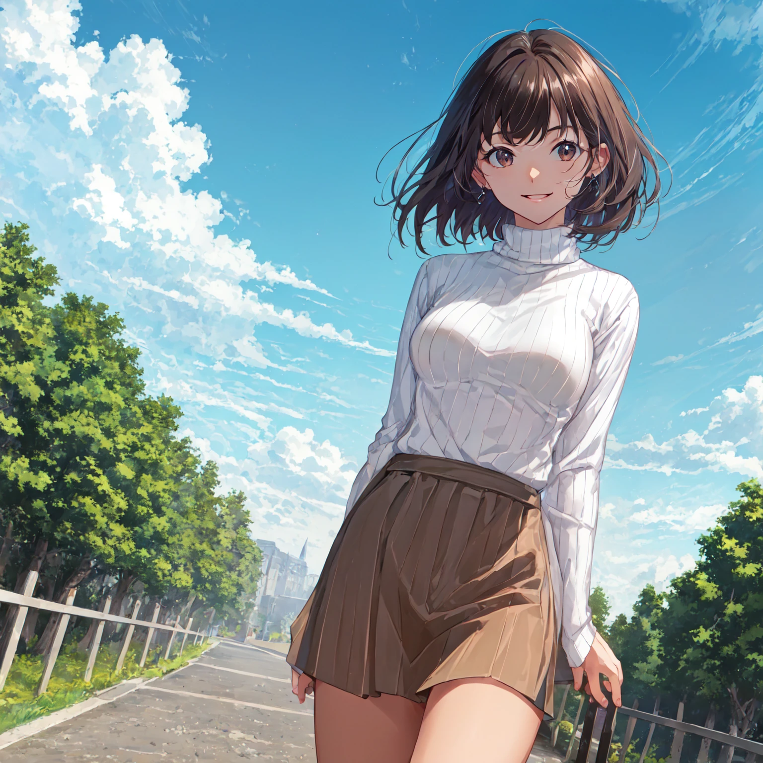 masterpiece, best quality, pastel color,super detailed skin,best quality background,ultra detailed eyes,closed mouth,Accurate 5 fingers,A gentle smile,high quality, masterpiece, high resolution,wave hand,park,walk along the road, dark brown hair, (natural bob hair),bangs down, dark brown eyes, (((medium breasts))),white turtleneck sweater, skirt, smile, realistic,dutch angle