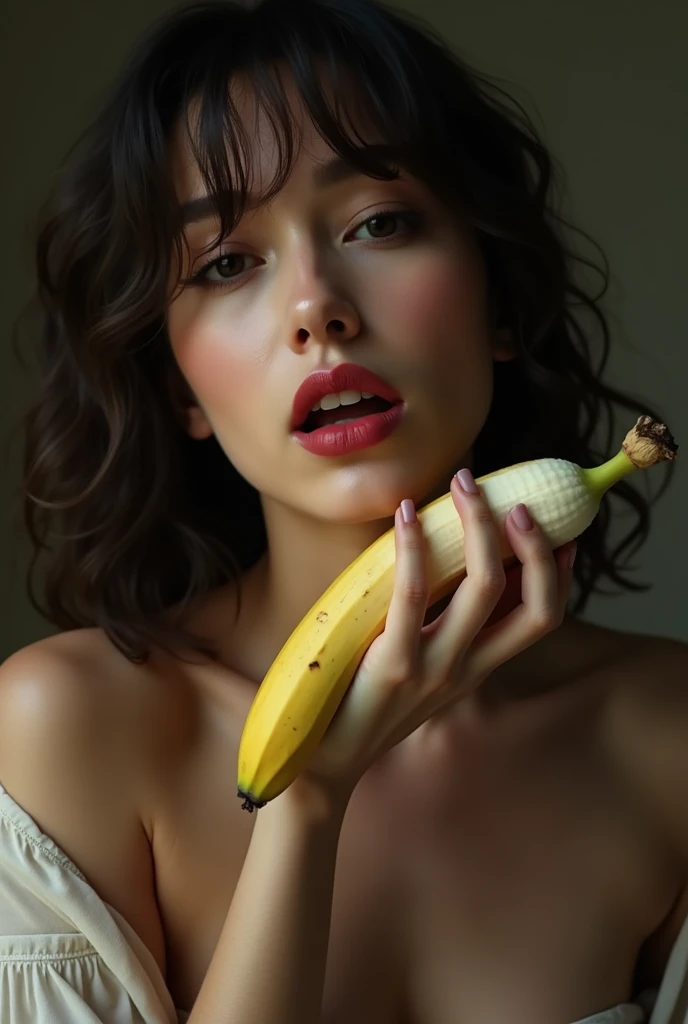 naked girl, perfect body, highly detailed and perfect face, eating a banana