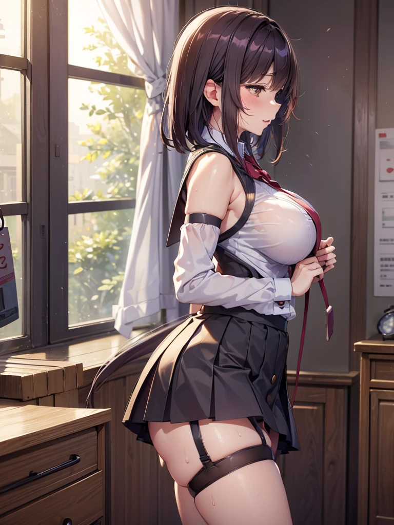 ((Best Quality)), ((masterpiece)), (detailed), One person,Age 25,uniform,student,(mini skirt),(Please open the buttons on your shirt),Shoulder Bare,Red cheeks,Underbust,(I can see your chest),(Excited expression),(Seduce),night,circuit,Dim lighting,(暗いnightの背景),(Dimly lit changing room),(Dirty changing room),Take a closer look,sexy,Side view,Obese older people,(Standing old man),(Old man and woman hugging),sweat,(Black garter belt),Short Hair,