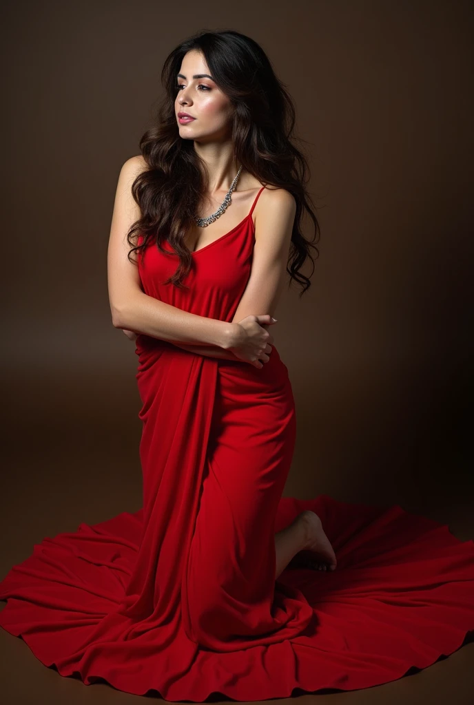 Girl showing her red toe nails, feet and legs with black strap high heel wearing a saree - full body shot