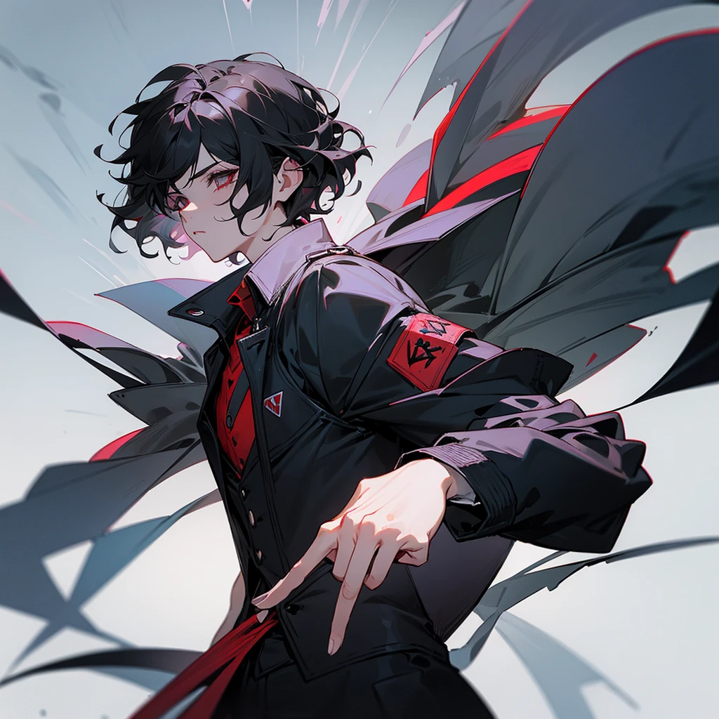 A man with black hair and red eyes, wearing black clothes 