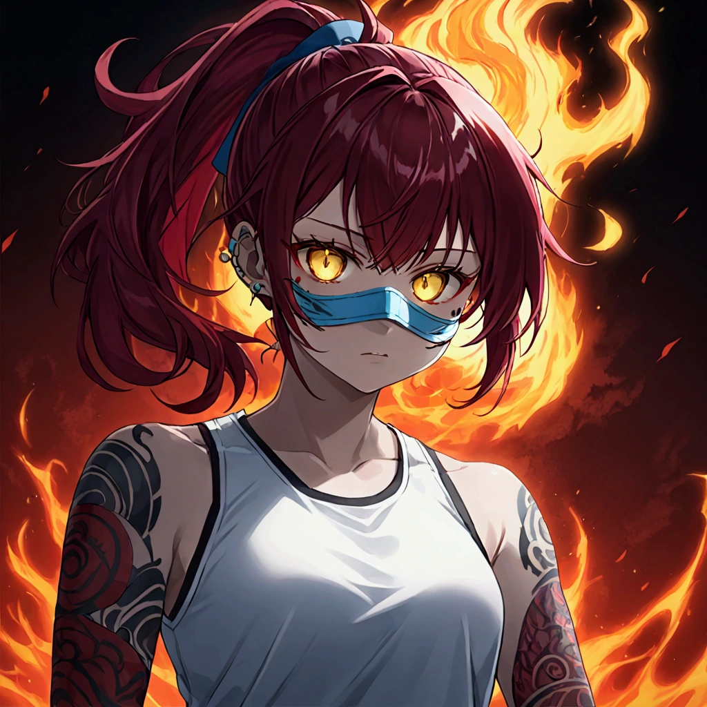 1 female, solo, upper body, (demonic anime girl:1.5), (glowing yellow eyes:1.4), (dark red hair:1.3), high ponytail, messy bangs, intense gaze, (intricate arm tattoos:1.3), white tank top, (oni masks in background:1.4), dark fantasy, (red and blue color palette:1.2), ominous atmosphere, (fiery effects:1.3), highly detailed, sharp focus, dramatic lighting, 8k resolution, smoky background, malevolent aura, contrasting colors, dynamic composition, nighttime setting