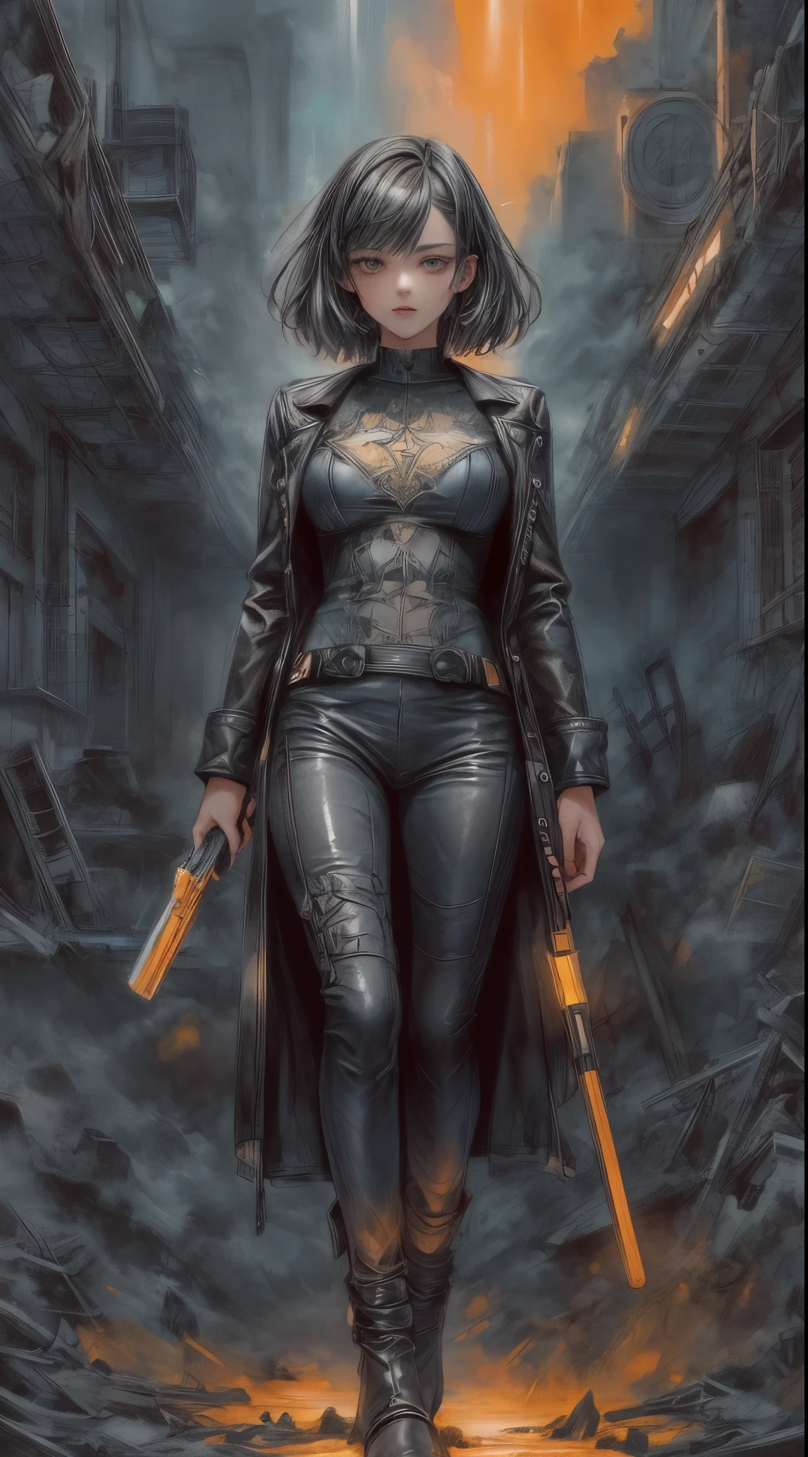 Centered image:1.4, dark and torn, ((ung and beautiful muscular body in leather clothes:1.6)), fierce expression, holding a gun, (colors in your clothes, warm, orange, yellow, violet: 1.3), standing on a desolate field , dramatic lighting, intense shadows, sandy texture, high contrast, vibrant colors, dynamic pose, powerful posture, rough background, explosive atmosphere, dystopian theme, surreal elements, digitally painted illustration, high definition resolution, intricate details, dramatic composition, avant-garde and chaotic brushstrokes, Gothic style, intense emotions, epic scale, raw and gritty feeling, Captivating and provocative works of art..badyiffymix41