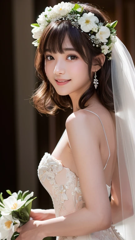 (Top Quality, 8k, 32k, Masterpiece, UHD: 1.2), Dainty Japan Woman Pictures, One Girl, (Dark Brown Hair), Double Eyelids, (Big: 1.2), Sexy, ((White Wedding Dress, Wedding Veil)), (Deep Slit: 1.2), (Side Boob), (Smile: 1.1), Overhead Shot