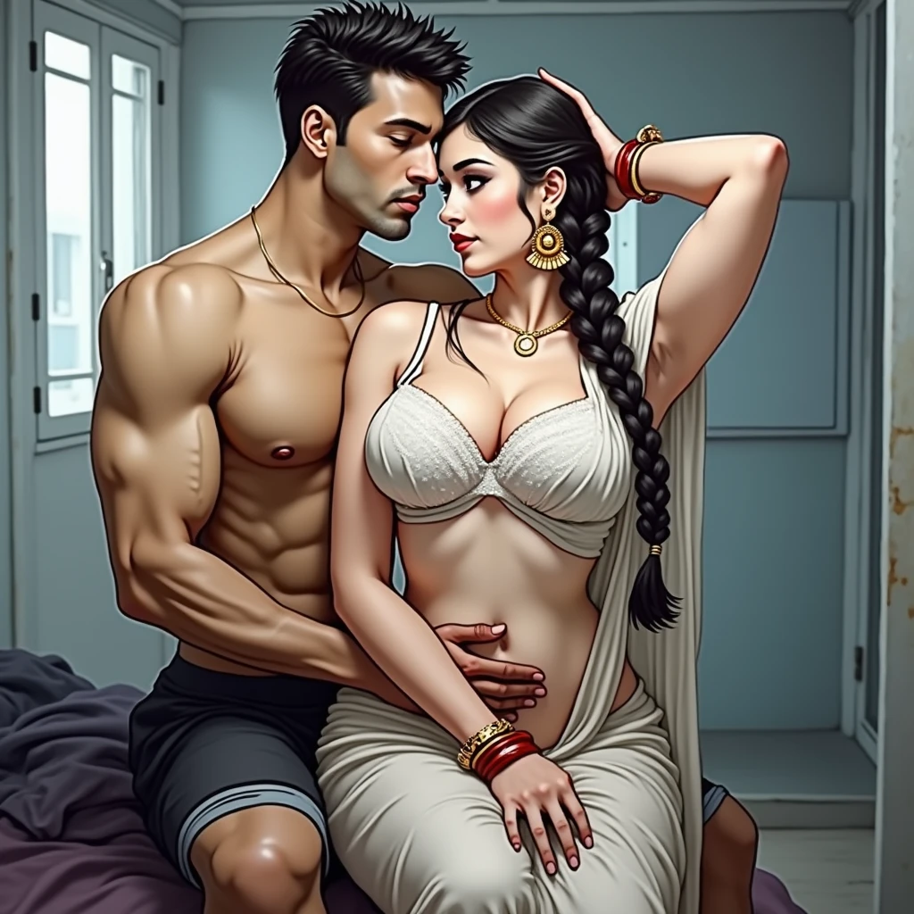 Young boy shirtless kissing and making out passionately with a woman wearing a saree leaning on windowsill, natural light, intense and intimate, lustful