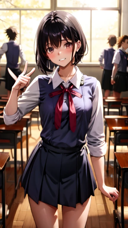 A tall athletic high school girl with short black hair, wearing a school uniform, standing in a classroom, slightly looking down, her expression sad and uncomfortable, a group of boys in the background teasing her, pointing at her height, laughing, sunlight streaming through the classroom windows, her posture is slightly slumped, feeling vulnerable, detailed classroom background with desks and chairs, anime style, soft and natural lighting, 8k quality, extremely detailed
