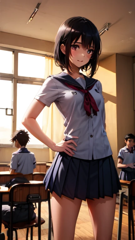 A tall athletic high school girl with short black hair, wearing a school uniform, standing in a classroom, slightly looking down, her expression sad and uncomfortable, a group of boys in the background teasing her, pointing at her height, laughing, sunlight streaming through the classroom windows, her posture is slightly slumped, feeling vulnerable, detailed classroom background with desks and chairs, anime style, soft and natural lighting, 8k quality, extremely detailed
