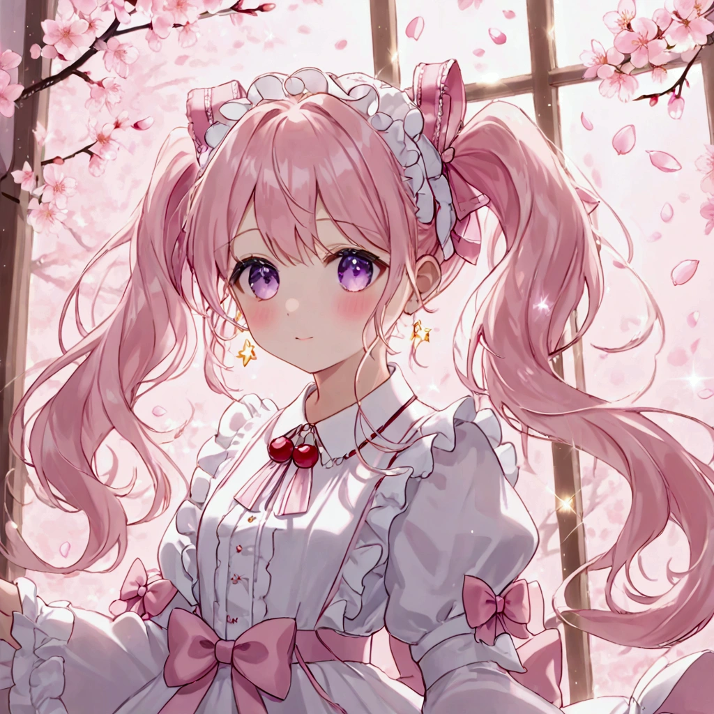 1 female, solo, upper body, (masterpiece:1.5), (kawaii), light pink hair, very long flowing hair, twin tails, white rabbit ears, large purple eyes, (sparkly eyes:1.4), blush, soft smile, white and pink ****ta dress, pink bow, frilly collar, (cherry blossom petals:1.2), window frame, soft pastel colors, (ethereal lighting:1.4), bokeh background, dreamy atmosphere, spring season, butterflies, delicate details, moe aesthetic, (depth of field:1.2), gentle gradient, high detail