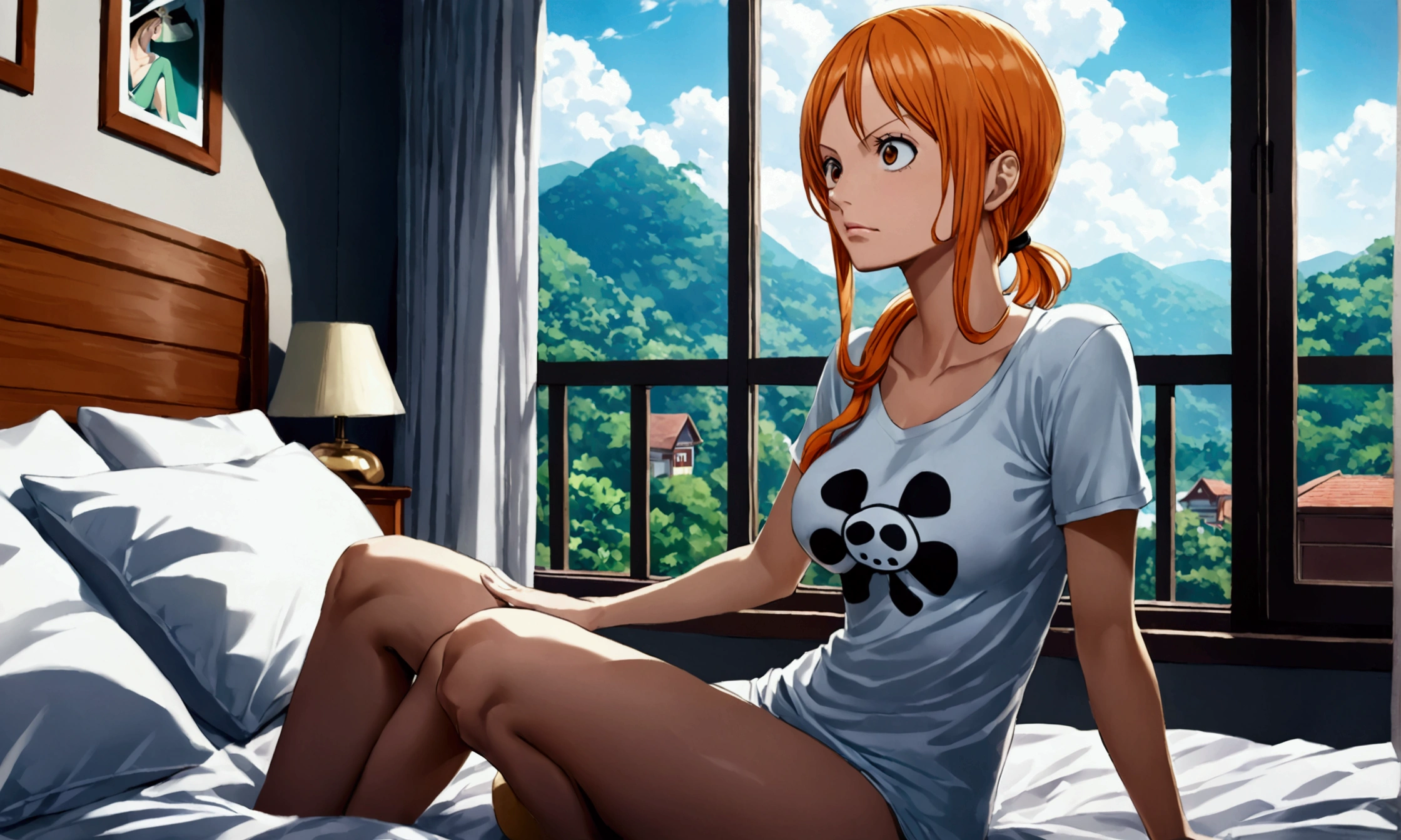 Nami from one piece, yellow hair, Kneel down on the bed， (tmasterpiece, Best quality:1.2), cow boy shooting, Highest resolution，distinct_Image of a）Best quality， maam， tmasterpiece， The is very detailed， Semi-realistic， Transparent oversized T-shirt，exposing her breasts， shirt pulling， The collar is around the neck， Inside the room， Modern bedroom， window， Get up， Morning， The face is red